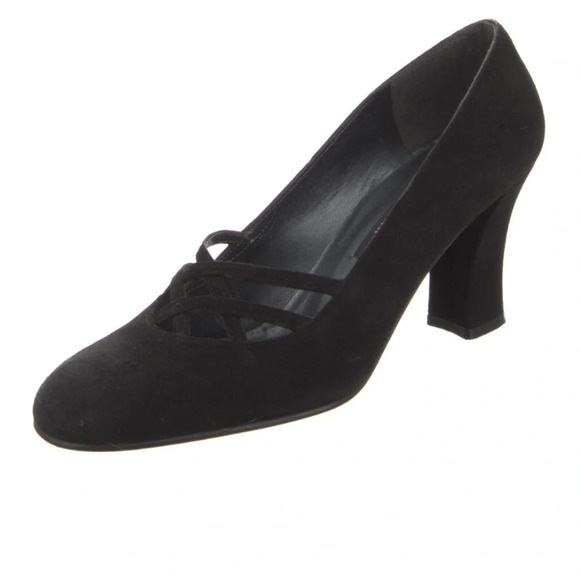 Stuart Weitzman Black Suede Oval Toe Criss Cross Heels size 8 - Picture 1 of 9